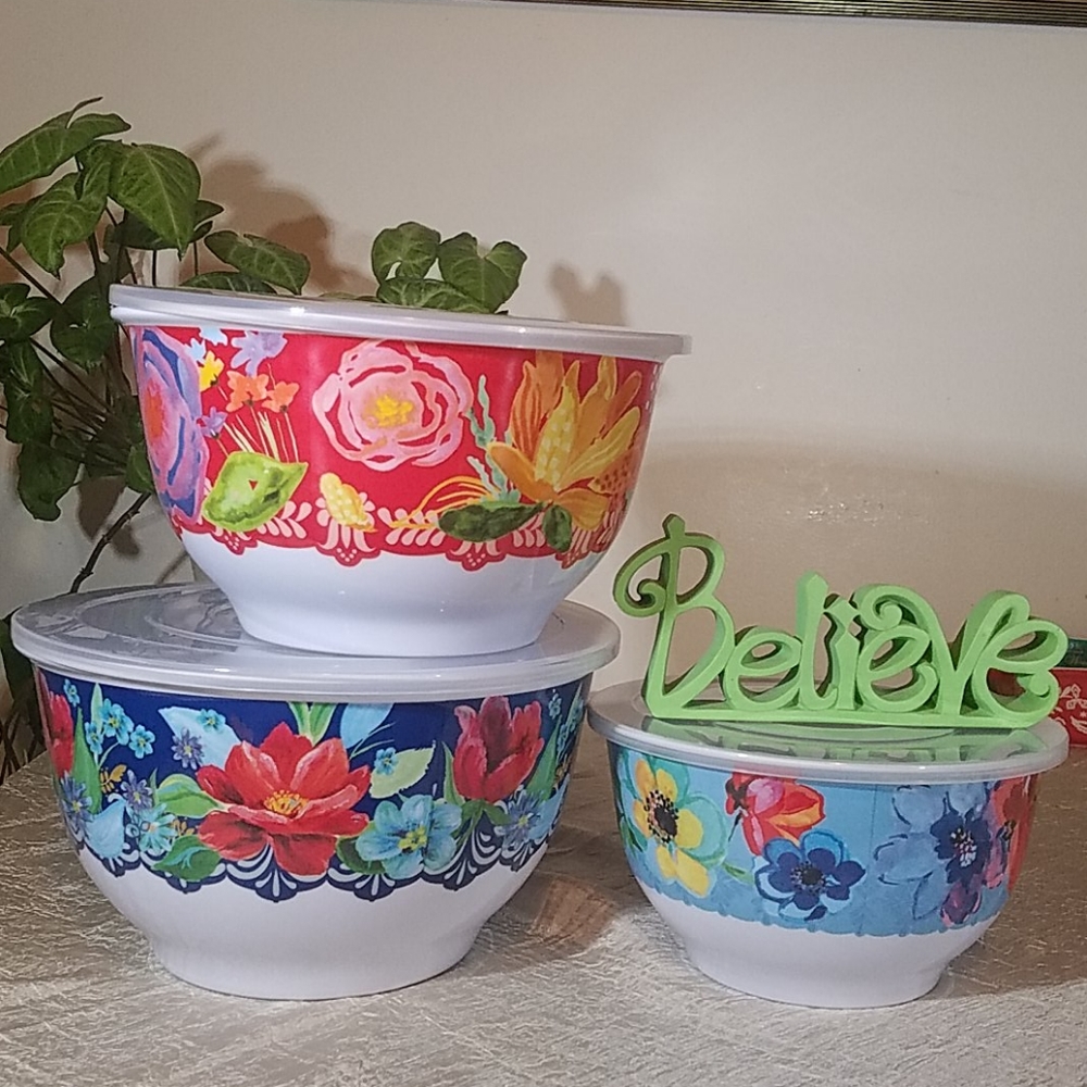 3 pc. Serving Bowl Set w/lids, Spring Bouquet - Picture 5 of 7